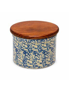 Pottery Crock Low 2 Quart Robinson Ransbottom Blue Spongeware Wood Lid Vintage H